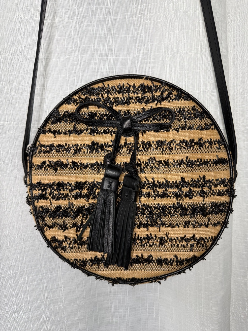 Patricia Nash Ebbe Sibari Round Canteen Crossbody Bag Straw Black Leather Tassel
